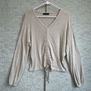 Final Touch Oatmeal Knit Top Sz Large Ruched Front w/ Cinch Tie Stretchy Boho